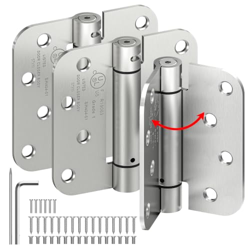 ISOKER 3-Pack Self Closing Door Hinges 4 Inch Spring Loaded Door Hinges Adjustable Tension for Exterior Garage Front Back Door Left Right Hand Door 5/8 Radius Corners UL Listed Brushed Nickel