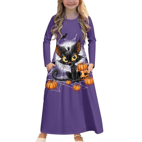 Renewold Vestidos casuales para niñas, vestidos de manga larga para niñas, vestidos de juego, vestido con vuelo, acampanado, con bolsillos, Calabaza de gato negro de Halloween, 13-14 años