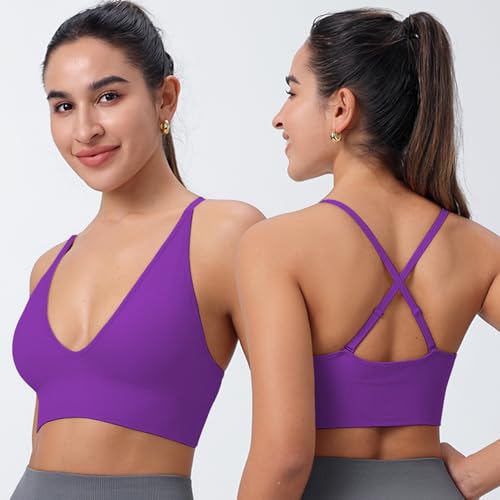 Image of Evercute Women's Sports Bras 3 /4 Pack Adjustable Deep V Neck Bras Wireless Spaghetti Strap Criss Cross Padded Low Support Bra