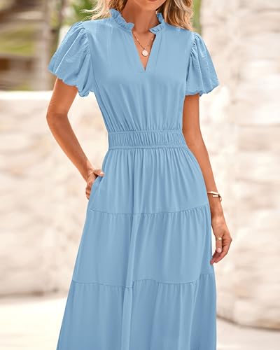 Image of dowerme Womens Summer Dresses 2025 Casual Puff Sleeve V Neck Smocked Waist A-Line Tiered Maxi Prom Dress with Pockets