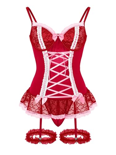 Image of Foxiny Sexy Mesh Corset Ruffle Lace Up Underwire Sheer Garter Belt Babydoll Lingerie Set With Thong 3 Piece Women