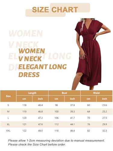 LIAMERHE Vestido Verano Manga Corta Mujer Casual Vestidos Largos Cuello en V Elegante Plisado Vestido Línea A Vestido Largo para Fiesta en Playa Burdeos M - imagen 7