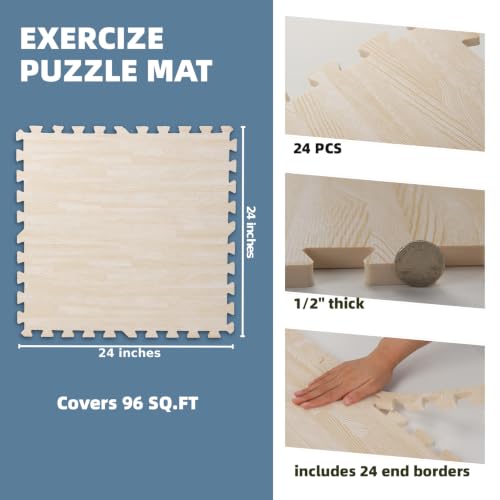 Image of Art3d 96 Sq.Ft Eva Puzzle Exercise Mats, 24 inchx24 inch x 1 /2 inch Thick Foam Interlocking Tiles for Flooring, Workout, Gym Equipments, Pack of 24, White Oak