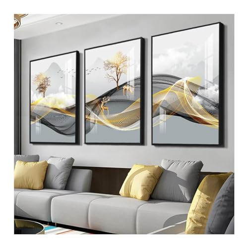 Peinture cerf or et ruban abstrait, triptyque de luxe encadré