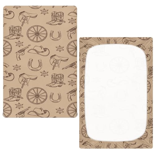 Image of CUPADA Vintage Western Contry Theme Fitted Crib Sheet, Cowboy Hat Boots Texas Stars Crib Sheets Ultra Soft Breathable Playard Standard Crib Toddler Mattress Sheets 28x52 inches