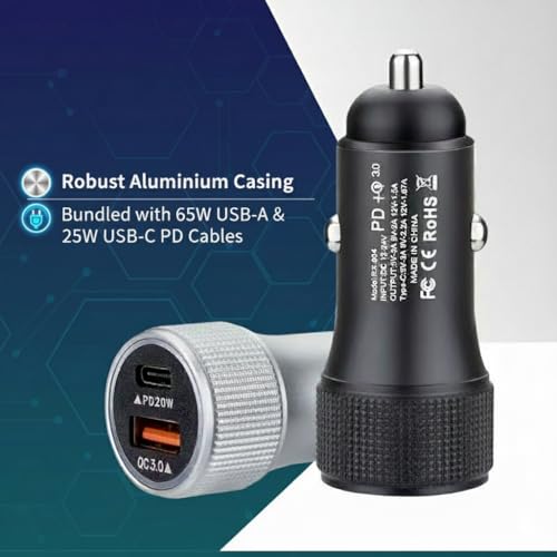 Image of 65W Car Charger| Dual Output -65W USB & 25W PD Port| Car Mobile Charger|SUPERVOOC & Ultra Fast| Compatible with Samsung, iPhones, Oppo, OnePlus, Realme,Mi | Car Charger Type C|BIS Certified