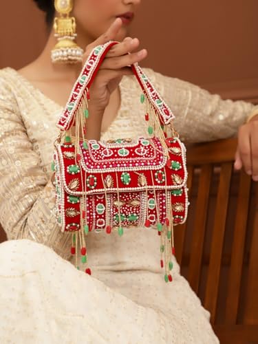 Image of THE TAN CLAN Wedlock Ruby Red Flap Over Clutches for women Purses Luxury Evening Handbagsfor Women - Stylish Purse with Magnetic Closure, Perfect for Weddings, Parties