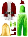 PrettyFirst Halloween Costumes Adult, Green Costume 8PCS Christmas Funny Santa Claus Costume for Men Cosplay Costume With Mask