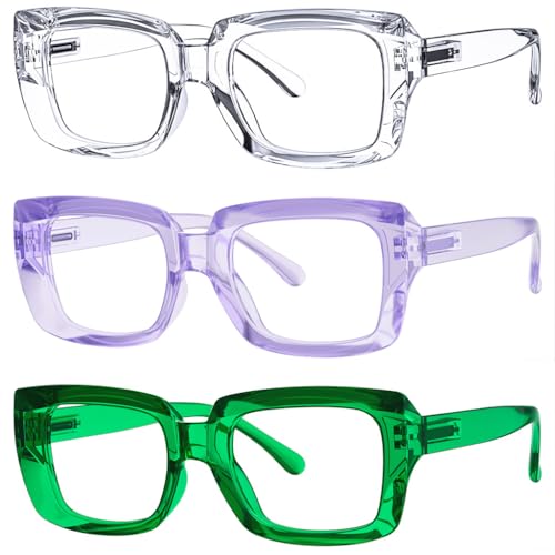 Image of Eyekepper 3 Pack Stylish Reading Glasses Women - Oversized Square Readers (Transparent /Purple /Green) +2.50