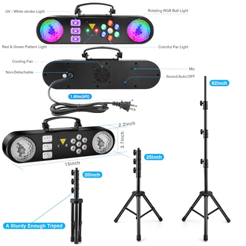 DJ Lights with Stand - 5IN1 Party Bar Light Set - Rotating Disco Ball, UV, Strobe, Pattern & Par Light - Remote Control DJ Lighting System for Disco Stage Gig Band Party Wedding - Thumbnail 6