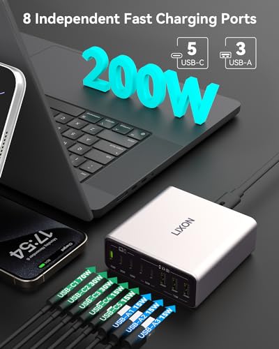 USB C Charging Stations, 200W 8 Ports GaN Fast Wall Chargers Block with Single 70W Dual 30W, PD QC PPS, 65W Laptop Adapter for MacBook Pro/Air, iPad, iPhone, Dell XPS, Samsung Galaxy, Titanium (Gray)