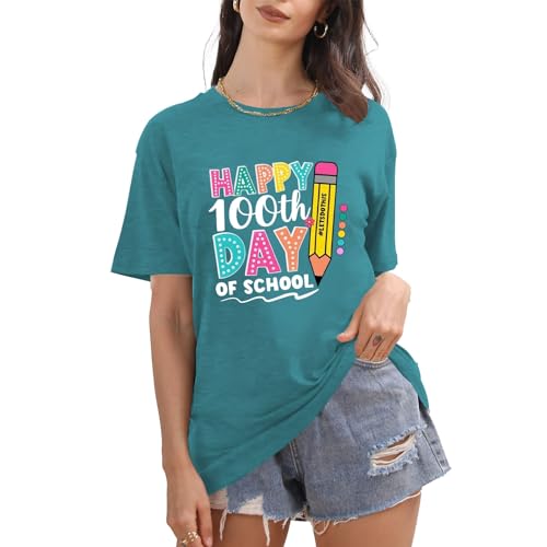 Image of 100th Day of School Shirt for Women Teacher Graphic T-Shirt Funny Teach Short Sleeve Tee Tops