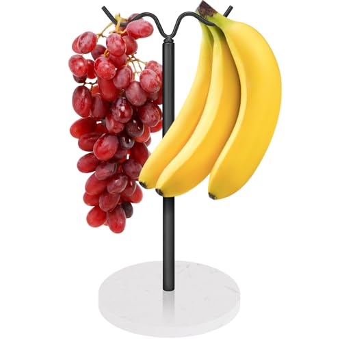 Winmien Double Hooks Standing Banana Holder with Marble Base, Banana Hanger Tree Stand Hook for Kitchen Countertop, Sturdy and Balanced Fruit Shelves with Storage on Both Sides. (Black)