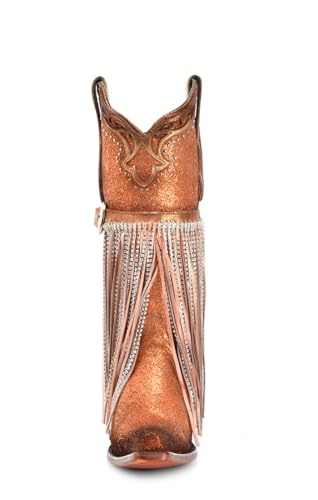 CORRAL LADIE'S BRONZE METALLIZED LEATHER & HARNESS & STUDS & FRINGES & OVERLAY & CRYSTALS, LEATHER SOLE, COWHIDE LEATHER, WESTERN BOOTS, A45374