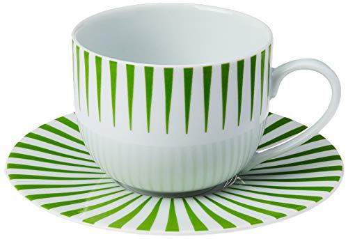 Estojo com 6 xícaras de chá com pires. Modelo redondo aba larga. Decoração sol verde. Fabricado pela