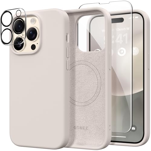 GONEZ Magnetic for iPhone 14 Pro Max Case, [Compatible with MagSafe] Anti-Scratch Microfiber Lining & Screen Protector, Shockproof Slim Phone Silicone Cover 6.7 inch, Chalk Pink