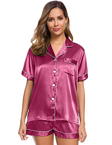 Image of SWOMOG Womens Pajamas Set Silk Satin Sleepwear Short Sleeve Nightwear Button Down Pj Lounge