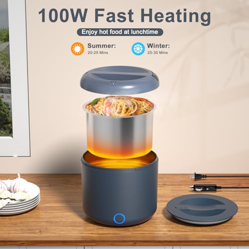 Image of Vingud Electric Lunch Box for Adults, 1.2L /41oz, 100W Fast Heated Lunch Box, 12V /24V /110V Portable Food Heater for Car /Office Work with 304 Stainless Steel Container, Blue Gray