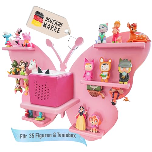 TONIGAL® Tonie - Estantería con diseño de mariposa con espacio para hasta 35 figuras Tonie, caja de toniebox y estación de carga, caja magnética de madera en color rosa, rosa, estante de tonificación