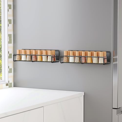 Image of 2 Pack Magnetic Spice Rack Organizer, Space Saver for Refrigerator and Microwave Oven, Magnetical Fridge Shelf for Jars, Seaoning, tins and Utensils Black