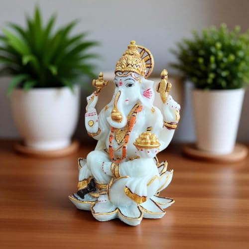 Image of YASHONIDHI Lord Ganesh Idol, 7 Inches, White and Gold Color, Marble Dust, Ganapati Murti, for Pooja Room, for Home Decor, Office Decoration, for Good Luck and Wealth, Gift for All Occasions