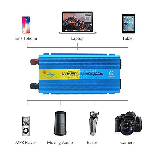 LVYUAN 1000W Pure Sine Wave Power Inverter 12V to 110V DC to AC Converter with Dual USB Ports and Dual AC Outlets for Car, RV, Truck, Home Solar System Blue