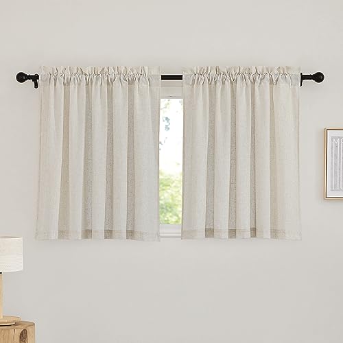 RYB HOME Linen Sheer Curtains 2 Panels for Living Room, Semi Transparent Privacy Drapes with Rod Pocket Farmhouse Style Window Treatments for Bedroom, Linen, 52" W x 36" L