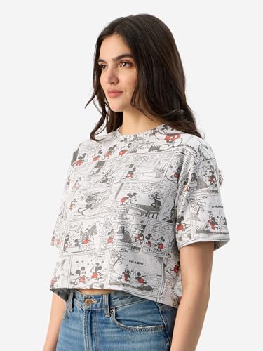 Image of The Souled Store Official Mickey Mouse: Comic Pattern Women and Girls Short Sleeve Round Neck Grey All Over Print Oversized Fit Cropped T-Shirts