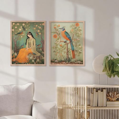 Image of kotart Traditional Indian Wall Art Painting Set of 2 | Woman with Birds & Nature Theme | MDF Wooden Framed Wall Decor for Living Room, Bedroom & Home (Art 10, 14x20 Inch)
