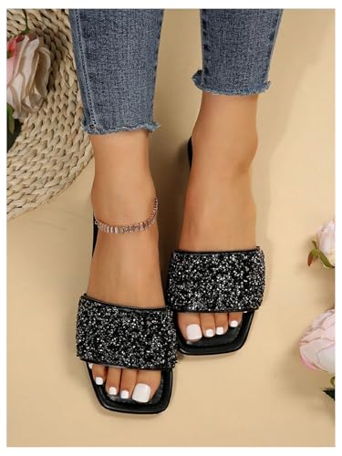 Image of GORGLITTER Women's Sparkly Jeweled Flat Sandals Dressy Open Toe Glitter Shiny Slippers Slip-on Shoes
