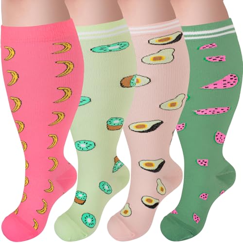 Image of 4 Pairs Plus Size Compression Socks,Extra Wide Calf 20-30 mmHg Knee High Compression Socks for Men Women Circulation