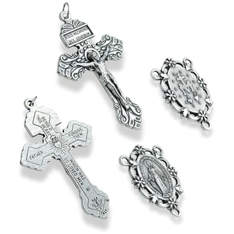 Caritas et Fides Italian Rosary Making Kit for 2 Rosaries - Catholic Rosary Cross and Center Sets with 2 1/8” Pardon Crucifixes and 1 1/4” Ornate Miraculous Medal Centerpieces Cover