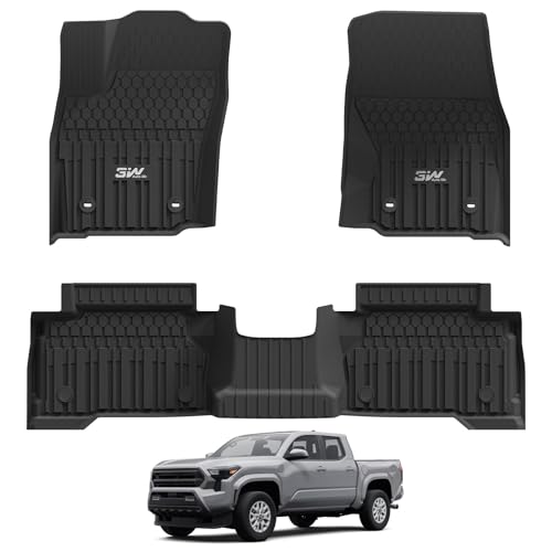 3W Floor Mats for Toyota Tacoma 2024 2025 2026 Double Cab Automatic Transmission(Not fit Hybrid) TPE Anti-Slip Solid Odorless All Weather Custom Fit for Tacoma 1st 2nd Row Full Set Car Liner