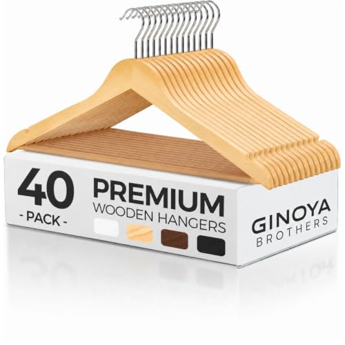 Image of GINOYA BROTHERS Walnut Wooden Suit Hangers 24 Pack with Non Slip Pants Bar - Smooth Finish Solid Wood Coat Hanger for Camisole, Jacket, Pant, Dress Clothes Hangers (Beige: 40)