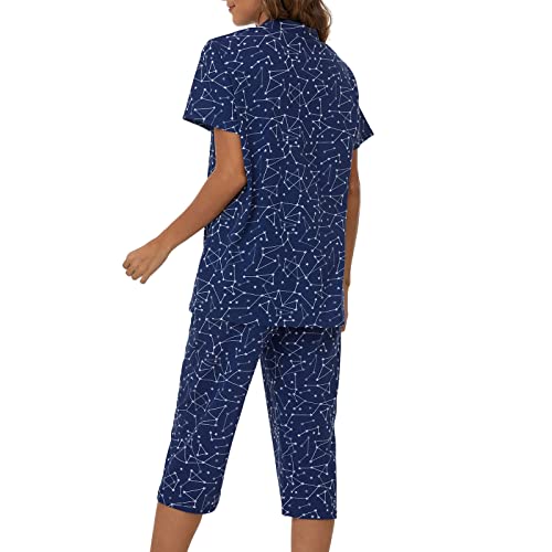 Image of Tugege Capri Pajamas Set Womens Button Down Short Sleeve Lounge Sets Sleepwear Notch Collar Top & Capri 2 Piece PJ Sets