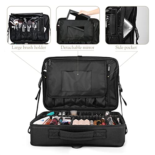 Luxspire Neceser Maquillaje con Divisor y Espejo para Mujer, Viaje Maletin Maquillaje Aseo Maleta Maquillaje Bolsa para Cosméticos, Organizador Estuche con Correa para Viaje Mujer, L - Negro - imagen 4