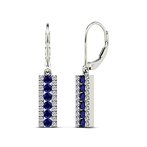 Jewelangel 14K White Gold 1/5Ct.tdw Diamond And Blue Sapphire Bar Drop Earrings (H-I, I1-I2) #TOP2