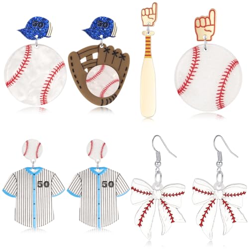 4 Pairs Baseball Earrings for Women Dangling, Acrylic Baseball Earring Baseball Mom Accessories Gifts for Women Baseball Lovers
