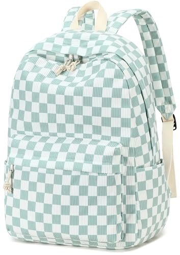 Bluboon Mochila escolar para meninas adolescentes, mochilas para laptop de veludo cotelê e ensino fundamental, Xadrez verde e branco, 15.6-Inch, Escola