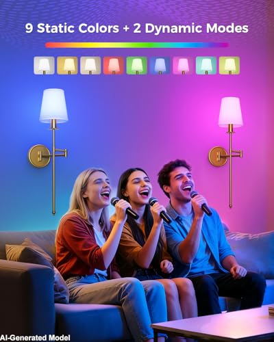Image of Joosenhouse Battery Operated Wall Sconces (Set of 2), Wireless Dimmable Wall Lights, 9 RGB Color Options, 24.8-inch Brass Indoor Wall Lamps, for Decorating bedrooms, Living Rooms, and hallways