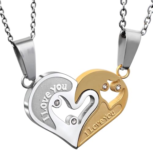 KBRPEY 2 Colliers Pendentif Cœur Puzzle Amoureux Bicolore Acier Inoxydable Chaîne Boule Strass Romantique Bijoux Couple