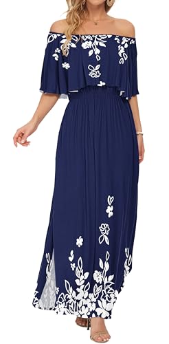 Image of AUSELILY Womens Off Shoulder Ruffle Split Summer Maxi Dresses with Pockets | Off-shoulder Ruffle dress with empire waist & side split for summer beach and casual parties