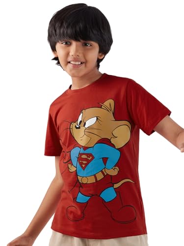 Image of The Souled Store Tom and Jerry: Super Jerry Boys Regular Fit Graphic Printed Half Sleeve Cotton Maroon Boys Cotton T-Shirts