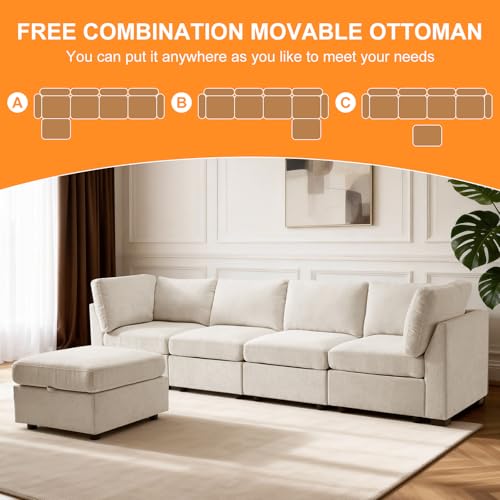 Image of TEKAMON 122 inch L Shaped Modern Sofa Modular Sectional Couch with Ottoman, 5-Seat Chenille Deep Seat Sofa for Living Room, Bedroom and Apartment, Beige