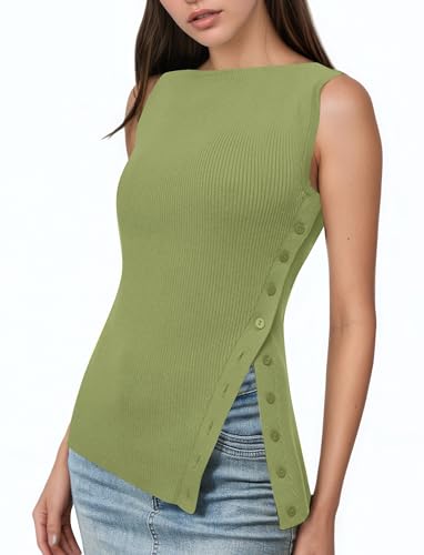 Image of OLAPTA Women Asymmetrical Button Down Side Split Sleeveless Tank Tops Boat Neck Slim Fit Summer Casual Side Button Knit Vest