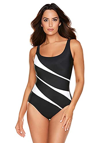 Miraclesuit Women's Swimwear DDD-Cup Helix Tummy Control Underwire Scoop Neckline One Piece Swimsuit, Black/White, 16DDD