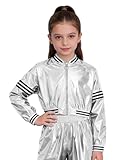 Hedmy Kinder Metallic Jacke Mädchen Jungen Glitzer Bomberjacke Cutout Holographic Jacket Karneval Hip Hop Top Streetdance Outfit Silber 158-164