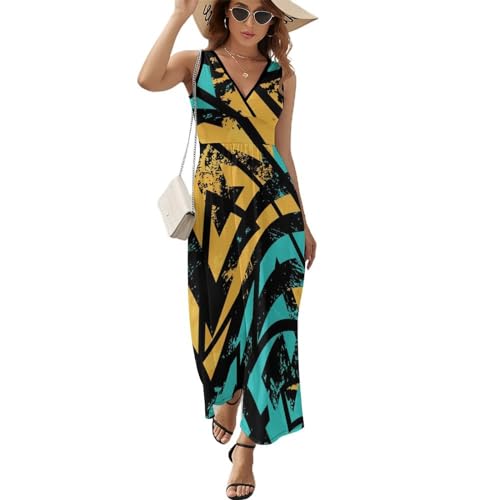 Robe longue d'été col V sans manches pour femme vêtement chic de plage géométrie abstraite