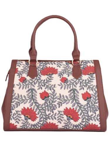 Image of ZOUK Nawabi Couture Floral Printed Jute Handcrafted Vegan Leather Brown Women's Handbag | Ladies Purse Handbag | Double Handle Detachable Strap