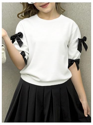 Image of WDIRARA Girl's Bowknot T Shirts Half Sleeve Crew Neck Tee Summer Cute Tops